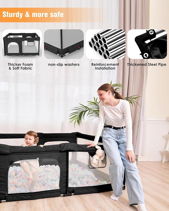 Veraste Foldable Baby Playpen with Gate, Extra Large Collapsible Play Yard for Babies & Toddlers, Portable Travel Playpen, Baby Activity Center for Indoor & Outdoor Use (Black 59"×71")