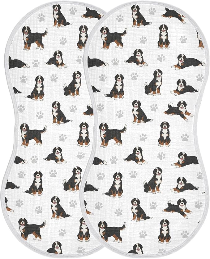 2 Pack Muslin Burp Cloths Bernedoodle Dogs White Cotton Baby Burp Cloths Ultra Soft Burping Cloth Absorbent Spit Up Rags for Newborn Boys Girls 22x11 Inch