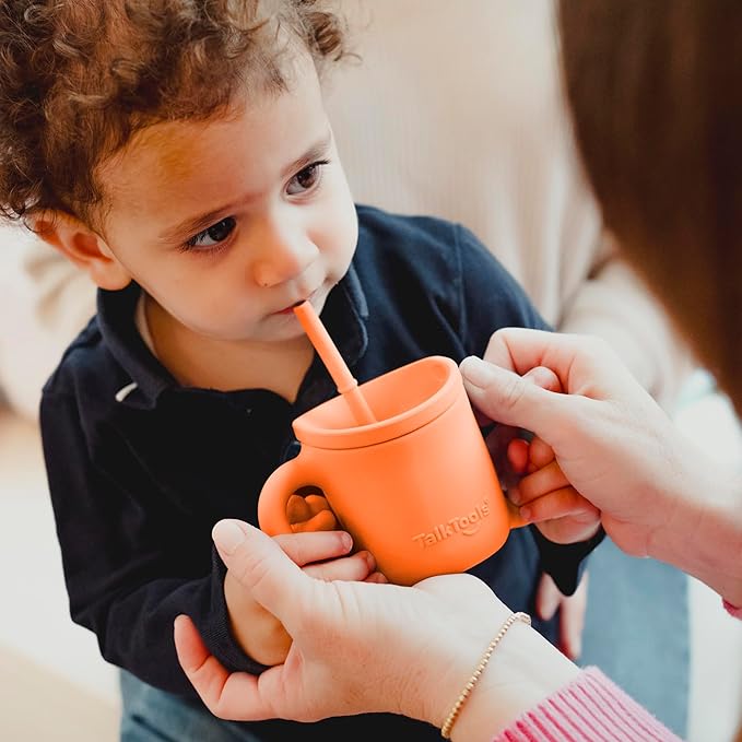 TalkTools ITSY Silicone Training Cup ??Mini Straw Cup for Baby - Anti Leak, Spill Proof and BPA Free Cup with Straw Insertion for Kids (Tangerine)