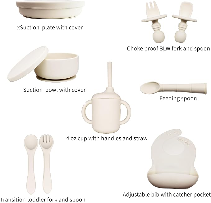 SMPL Premium 13 pc Baby Led Weaning Silicone Eating Utensils Essentials Set- Minimalist Plate Bowl Covers Cup Straw Forks Spoons Bib White Gift Infants Toddlers Birthday Baby Shower First Time Parents