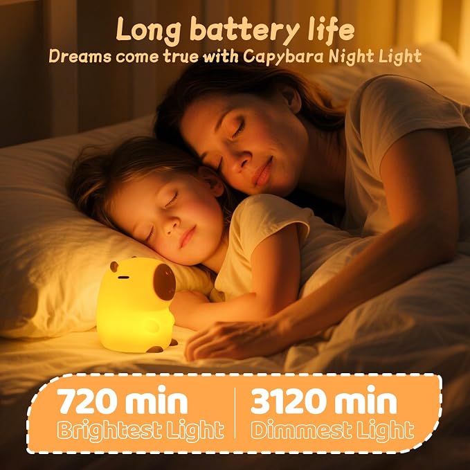Rytinazzz Silicone Night Light for Kids, 50H Long Battery Capybara Lamp, Gift for Kids, Rechargeable Tap Control, Soft Dimmable Nursery Light