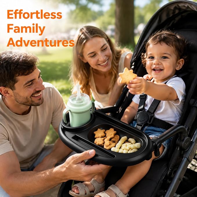 Compatible with UPPAbaby Snack Tray, Adjustable Stroller Tray Cup Holder | Food-grade plastic rinses clean after messy bites, while divided areas keep drinks, treats and a phone tidy on outings.