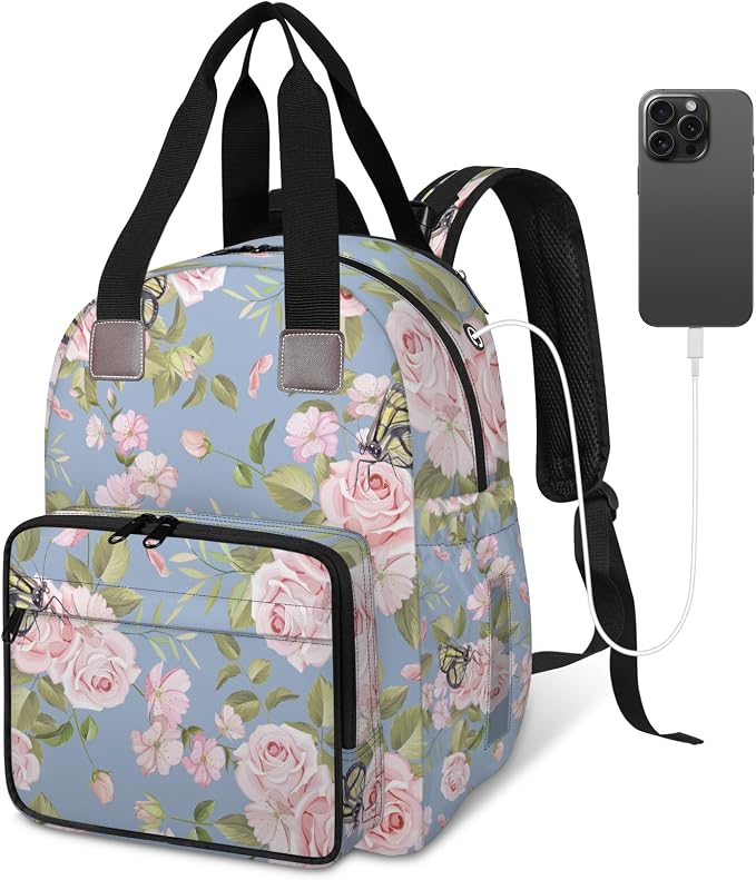 Pink Rose Butterfly Diaper Bag Backpack-Multi-functional mother and baby bag Thermal compartment USB charging port Large capacity Multi-pocket organizer Stroller can be hung Travel shopping