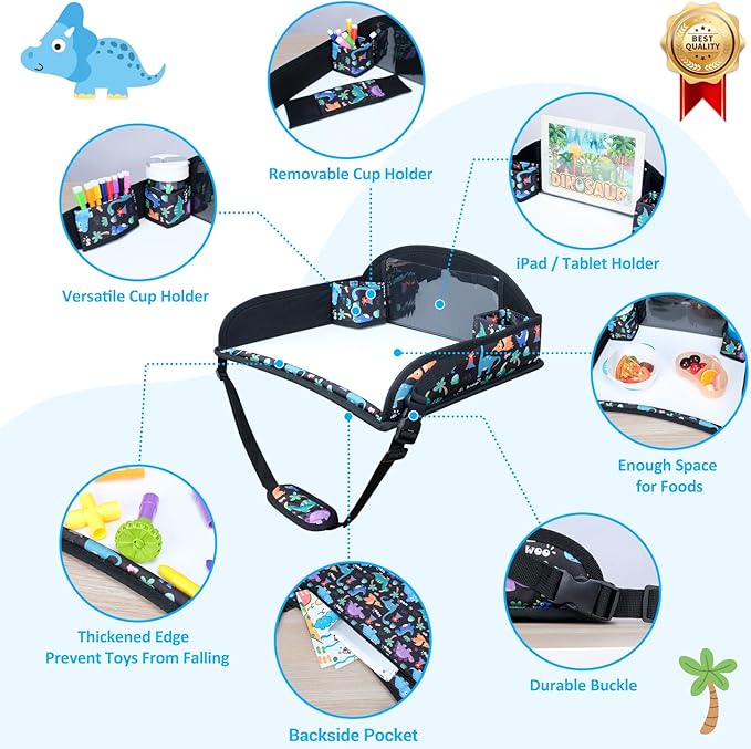 2Pcs Kids Travel Tray for Toddler Carseat, Road Trip Activities Essentials for Toddler, Kids Lap Desk Tray with Tablet Holder Stand ï¼?Dry Erase Board (Dinosaur & Mermaid)