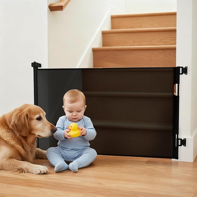 Retractable Baby Gate,Mesh Baby Gate or Mesh Dog Gate,34" Tall,Extends up to 70" Wide,Child Safety Gate for Doorways, Stairs, Hallways, Indoor or Outdoor