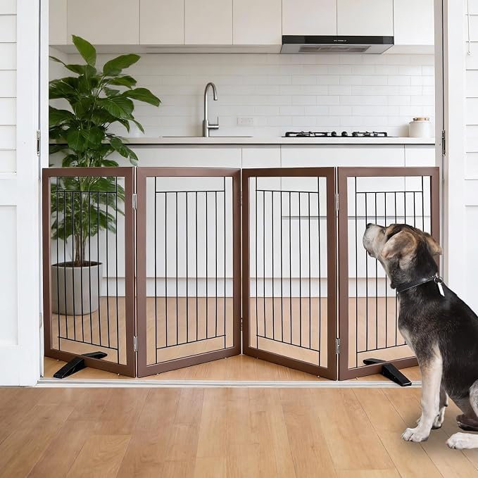 Dog Fence Indoor - 4-Panel Freestanding Dog Gate for Doorways, Hallways, House or Stairs -80x32-Inch Retractable Foldable Expandable Wood Pet by SFJC (Brown)