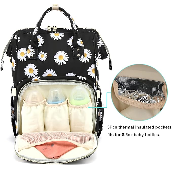 Floral Diaper Bag Backpack for Baby Girls Boys, Flowers Mom Nappy Bags for Women (Daisy Black)
