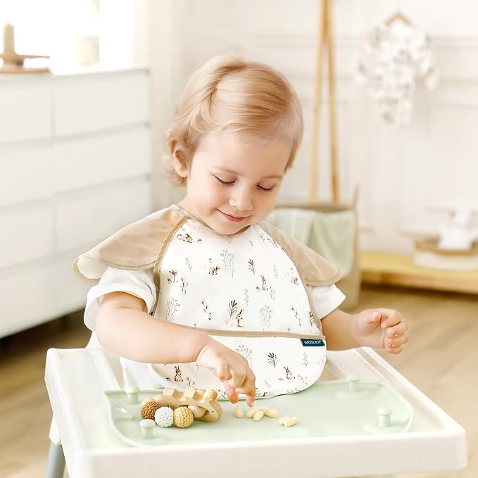 GRSSDER 3-pack Mess Proof Baby Feeding Bibs with Food Catcher Pocket, Soft Lightweight Waterproof Fabric Material with Zero Plastic-like Feel, Adjustable and Easy Clean Toddler Bibs for 6-36 Months