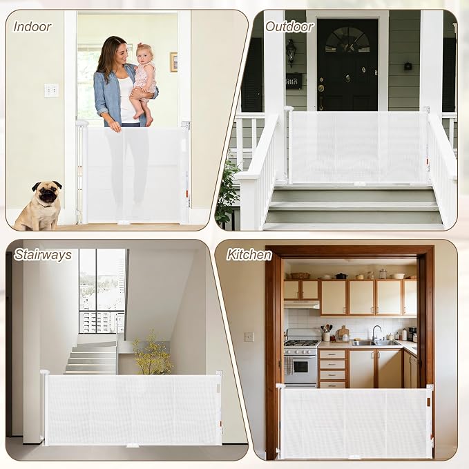Reinforced 71" Wide Retractable Gate with Reinforced Strips, Indoor/Outdoor Retractable Dog Gate for Doorway Prevent Bottom Drilling Through, Safety Mesh Gate, White
