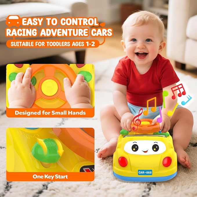 Toys for 1 Year Old Boy Gifts - 2-in-1 Toddler Push Car & Musical Racing Adventure Steering Wheel Driving Game, Interactive Simulated Driving Car for Baby 12-18 Months, Birthday Gift Ages 1-2, Yellow