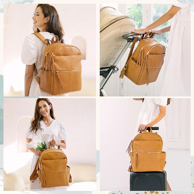 MOMINSIDE Diaper Bag Backpack Leather Diaper Bag with 6 Insulated Pockets, Baby Bag for Mom Dad, Baby Registry, Changing Pad, Stroller Straps,Diaper Backpack Diaper Bag Leather(Biscuit)