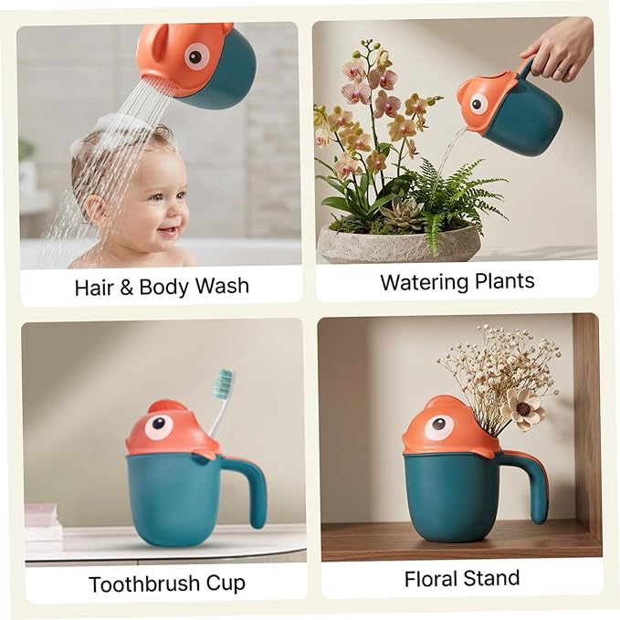 Large Capacity Baby Bath Rinser Cup with 7-Hole Gentle Shower, Easy-Grip Cartoon Fish Design for Kids, Bath Cup for Rinsing Hair, Time Essential