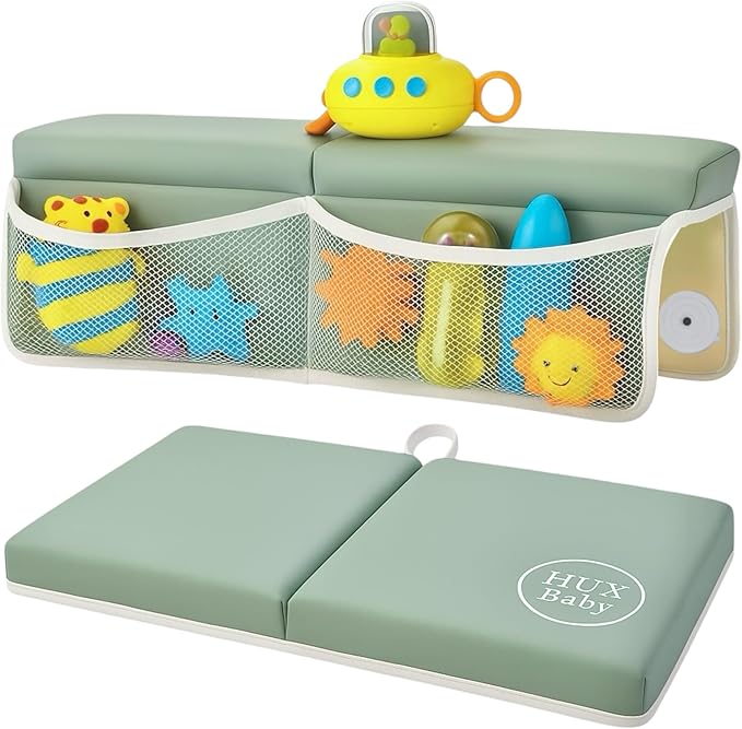 Comfortable Baby Bath Kneeler and Elbow Rest Pad Set, Non-Slip Bathtub Kneeling Pad for Bathing Baby, Bath Tub Cushion Mat, Elbow Pads, Toy Organizer Storage Pockets, Strong Suction Cups (Green Gray)
