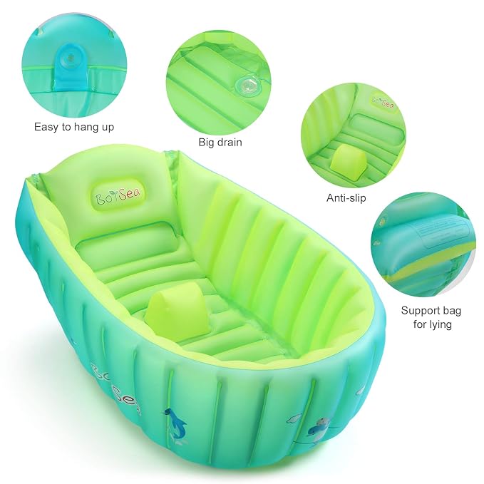 Inflatable Baby Bathtub, Boysea Toddler Bath Tub with Anti-Sliding Saddle Horn Helps Infants to Toddler Tub, Portable Travel Shower Basin with Air Pump, Back Support (Green)