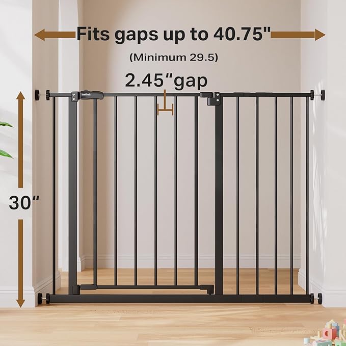 InnoTruth 29.5??0.75" Baby Gate for Stairs, 30" Tall Dog Gates for Doorways & Hallways, Safety Gate for Kids & Pets, Pressure-Mounted Walk-Through with Dual Lock & 2-Way Swing, Black