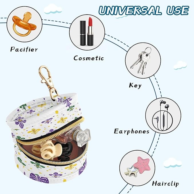 Pacifier Holder with Clip Pacifier Case for Diaper Bag Round Baby Pacifier Pouch Box Bag Portable White Shrove Tuesday Fleur-de-lis