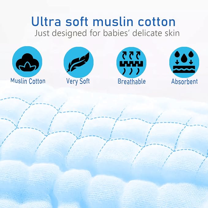 Muslin Baby Burp Cloths, 100% Muslin Cotton Burp Napkins for Newborn Girls and Boys, Absorbent Soft Muslin Baby Burping Rags 10' by 20', 6 Layers Infant Feeding Wipes (Multicolored, Pack of 5).