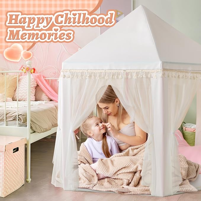 Monobeach White Princess Tent Girls Tassel Decor Large Playhouse Kids Castle Play Tent with Star Lights Toy for Children Indoor and Outdoor Games, 55'' x 53'' (White Princess Tent with Tassel)