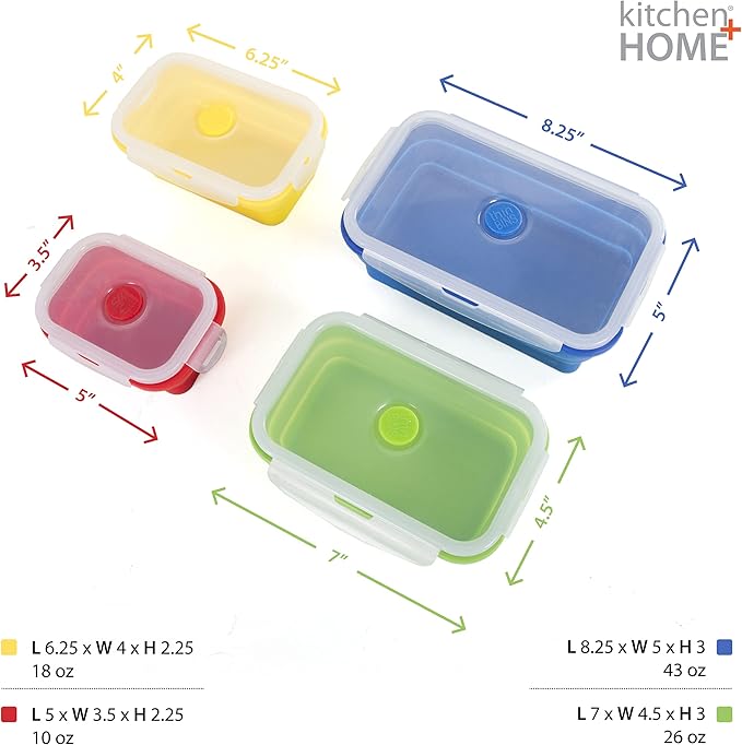 Kitchen Home Thin Bins Collapsible Containers ??Set of 4 Rectangle Silicone Food Storage Containers ??BPA Free, Microwave, Dishwasher and Freezer Safe