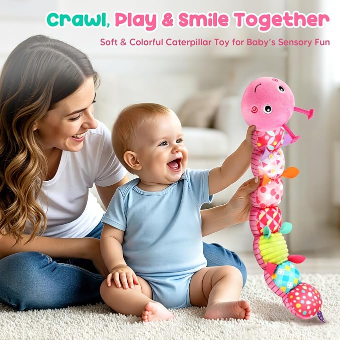Baby Sensory Toys 0-6 6-12 Months, Stuffed Musical Caterpillar Animal Toys for Babies 3-6 Months with Rattles Crinkle Squeaker, Infant Tummy Time Toys for Newborn Baby Boy Girl Gifts, Pink