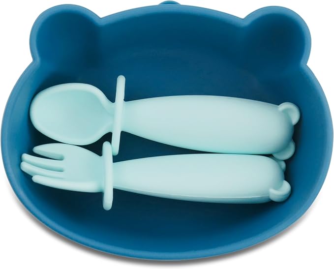 Silicone Bowl Suction with Spoon and Fork for Babies 6 months+ Suction Bowls for Baby Utensils 6-12M+ BLW Baby Essentials Newborn Essentials Must Haves (Aquamarine)
