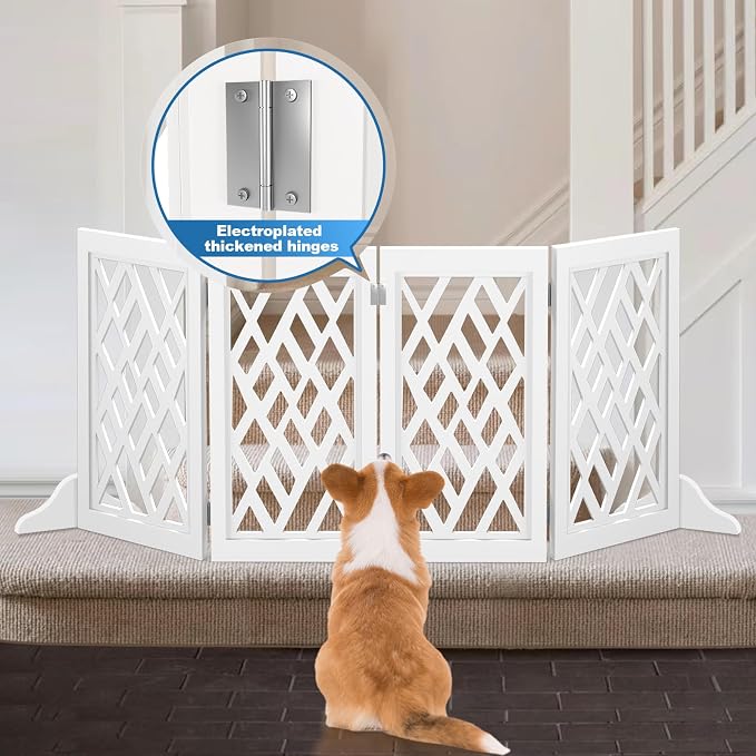 Cut-Out Design 23" Dog Gate Retractable Stair Gate Foldable Puppy Gate Indoor - Freestanding Lightweight Pet Barrier for Doorways, Stairs, Hallways (Extends to 41", White)