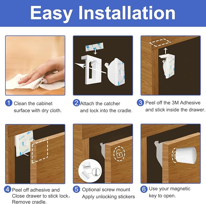 ROTOPATA Magnetic Cabinet Locks for Babies Child, Baby Proofing Safety Latch for Cabinets Drawers Cupboard Kitchen Bedroom, Adhesive or Screw Two Installation Methods(10 Locks & 2 Keys)