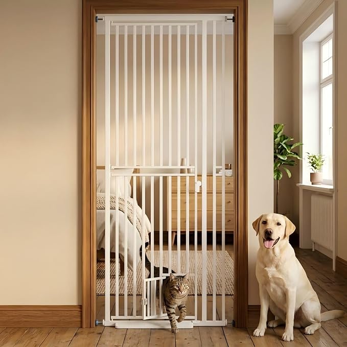 78.7" Extra Tall Pet Gate with Cat Door, Pressure Mounted Dog Gate Walk Through No Drilling, 27.5"-37.4" Wide Tall Pet Gates for Doorways & Stairs, White