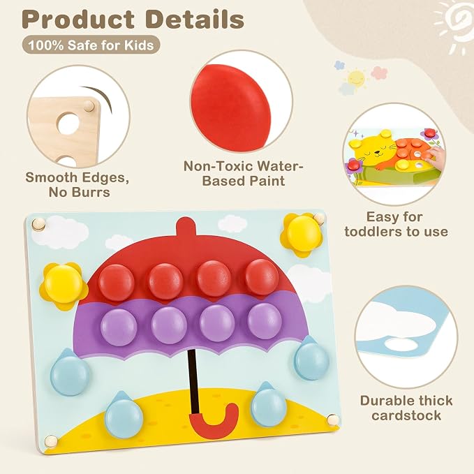 Joyreal Montessori Toys for 2 Year Old, Wooden Button Art Toys for 2 3 4 Year Old Girls Boy Birthday Gifts, Color Matching Puzzle Pegboard Button Game for Learning Educational Toys for Toddlers 2-4
