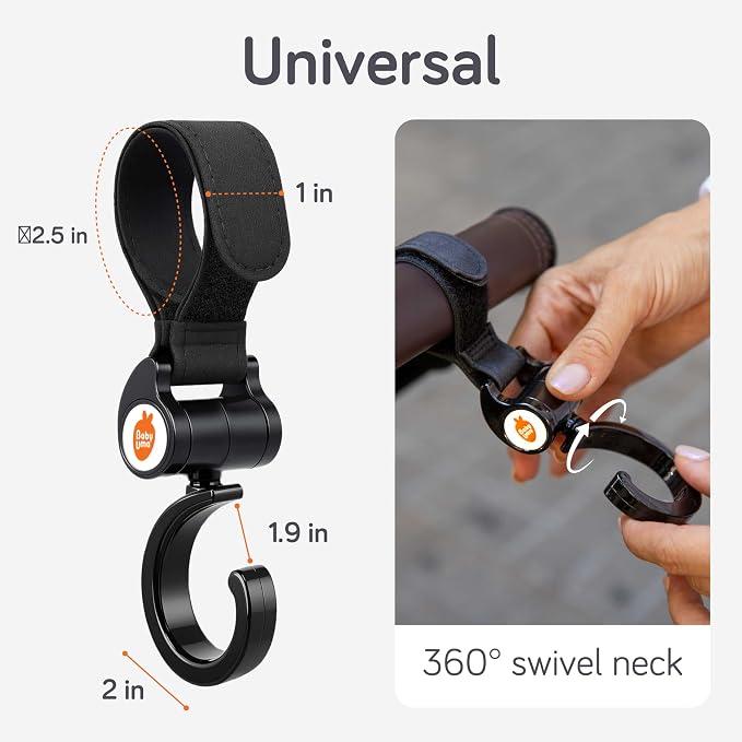 Baby Uma Stroller Hooks (2 Pack) - Open Stroller Hook with 360°-Swivel Neck & Extra Strong Strap, Easy On 'n Off & Universal, 11 lb Weight Capacity, Baby Travel Essential