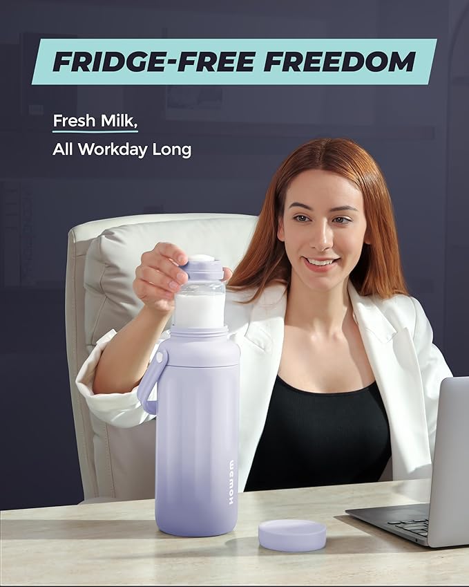 Breast Milk Cooler Bottle - 12H+ Ice-Cold/24H Safe Storage, Compatible with Spectra Pumps, TSA Approved Travel Chiller, 18oz (2x9oz) Lightweight Leakproof Container for Work, Purple