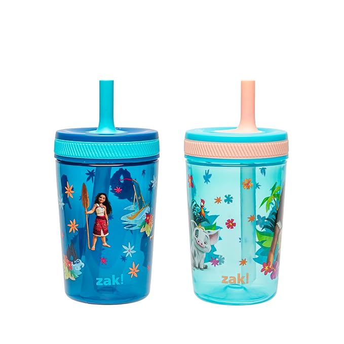 Zak Designs Disney Moana 2 Kelso Toddler Cups For Travel or At Home, 15oz 2-Pack Durable Plastic Sippy Cups With Leak-Proof Design is Perfect For Kids (Moana, Maui, Simea)