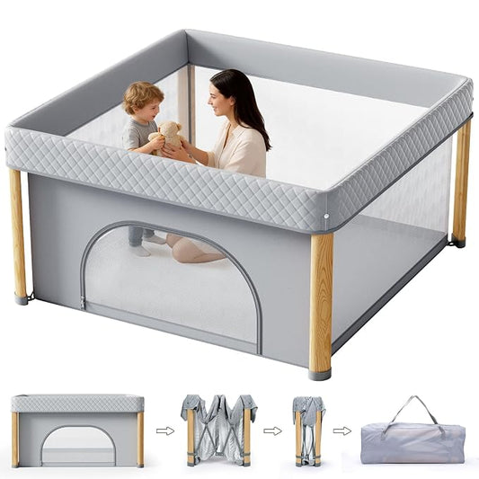 Foldable Baby Playpen, 59x59 Foldable Play Pen for Babies and Toddlers, Portable Playpen Indoor Outdoor, Kids Safety Area Travel Play Yard with Storage Bag Grey