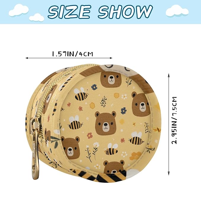 Pacifier Holder with Clip Pacifier Case for Diaper Bag Round Baby Pacifier Pouch Box Bag Portable Cute Brown Bear Bees Yellow