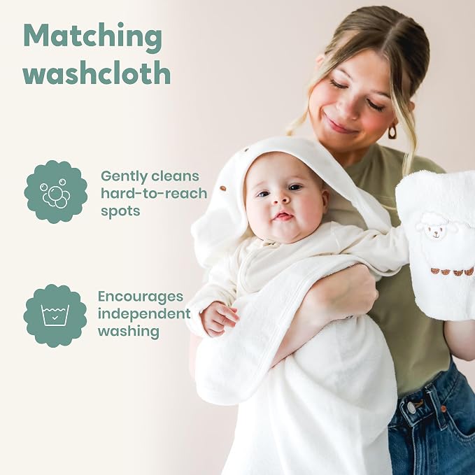 CuddleBug Hooded Baby Bath Towel & Washcloth Set (Bear) - 100% Cotton Terrycloth Hooded Baby Towels for Newborn & Toddler - Super-Soft & Absorbent, Newborn Essentials (33" x 33") - White Lamb