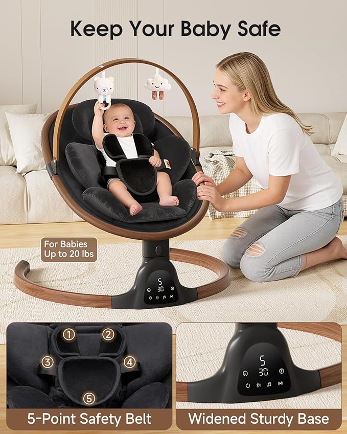 Baby Swings for Infants, Electric Infant Swing with 5 Speed Modes, 5-Point Harness, 3 Timer Settings, Built-in Lullabies & Bluetooth, Portable Modern Swing for Indoor & Outdoor (Black)