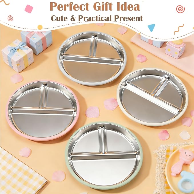Personalized 3-Piece Personalized Stainless Steel Baby Divided Plates with Suction & Silicone Sleeve, Ideal for Showers & Birthdays,Baby Led Weaning Supplies, Dishwasher Safe (Gray Beige Blue)