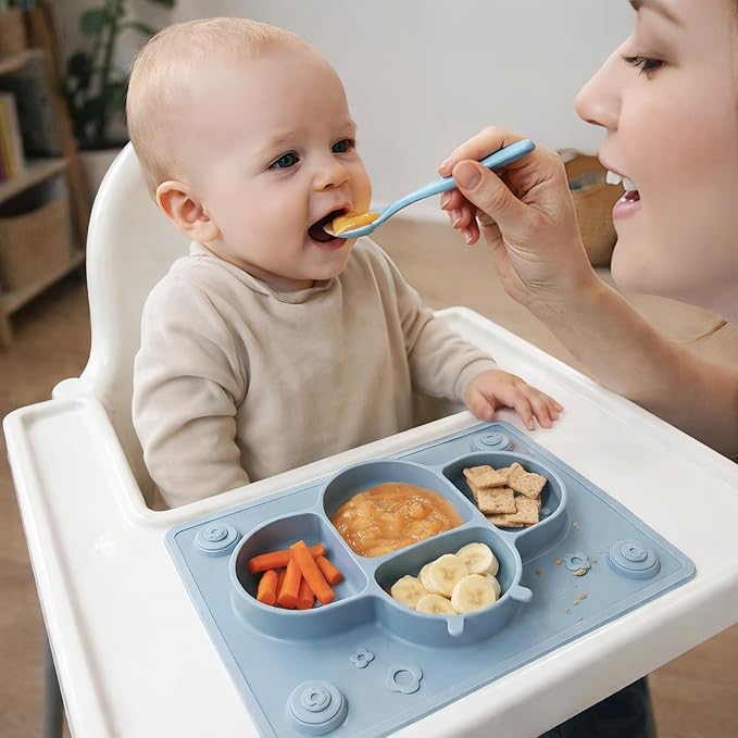 ROCCED Suction Plates for Baby Placemat Spoon Fork Set for Toddlers, Silicone Baby Plates with Suction Baby Dishes for Kids Plates-grey