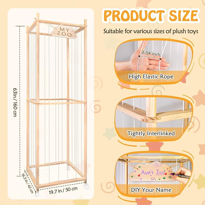Stuffed Animal Storage Zoo with Wheels, 64" Wooden Large Stuff Animals Plushies Holder Toy Organizer Kids Plush Storage Cage with Elastic Band and Net for Nursery Playroom Corner for Toddler