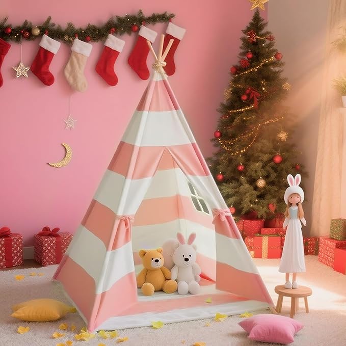 Teepee Tent for Kids with Padded Mat, Lights, and Carry Bag, Washable Playhouse for Indoor Use, Ideal Play Tent for Girls and Boys, Stripe Pink