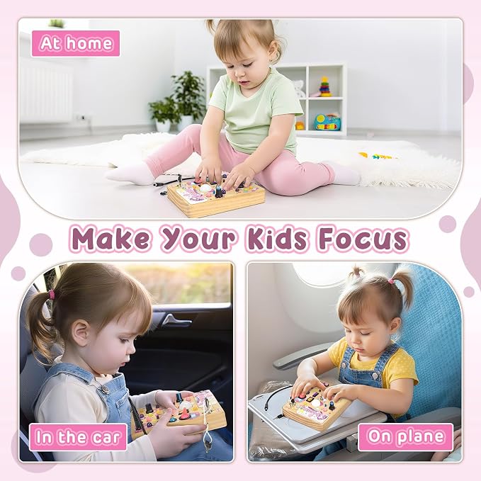 Joyreal Busy Board with 19 LED Lights and 10 Switches, Montessori Toys for 1 2 3 Year Old, Wooden Sensory Activity Board for Toddlers, Travel Toys for Toddler 1-3 Plane Car, Birthday Gifts for Girls