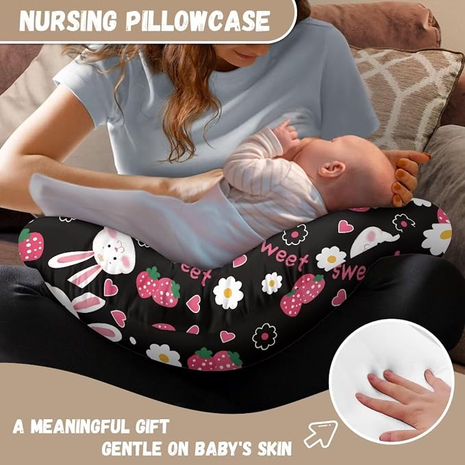 Strawberry Rabbit Nursing Pillow Cover, Washable & Breathable Nursing Pillow Case for Newborn Breastfeeding Pillow Slipcover for Baby Boys & Girls