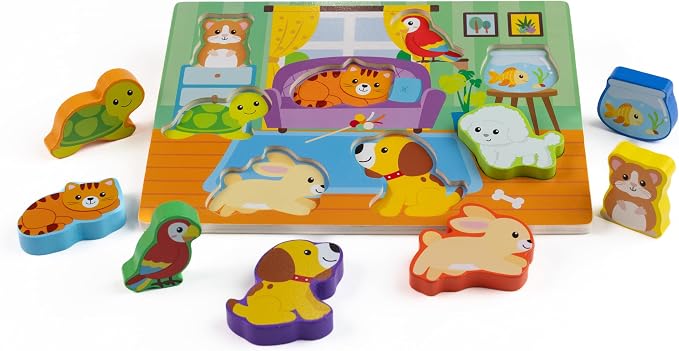 Jasey's Toy Chest Wooden Pets Puzzle & Play Set | 9-Piece Chunky Animal Puzzle with Board | Educational Toy for Toddlers Ages 12+ Months