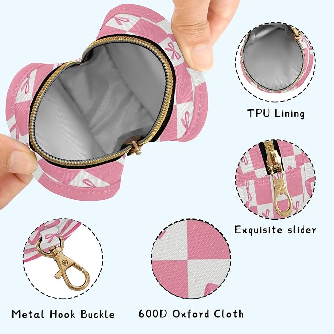 Pacifier Holder with Clip Pacifier Case for Diaper Bag Round Baby Pacifier Pouch Box Bag Portable Pink Bows Checkerboard
