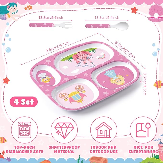 Jinei 4 Set Melamine Dinner Plate for Kids Dinnerware Dishes Set with Fork and Spoon Mermaid Unicorn Princess Cat Divided Melamine Plates for Girls Toddlers Picky Eaters BPA Free Dishwasher Safe