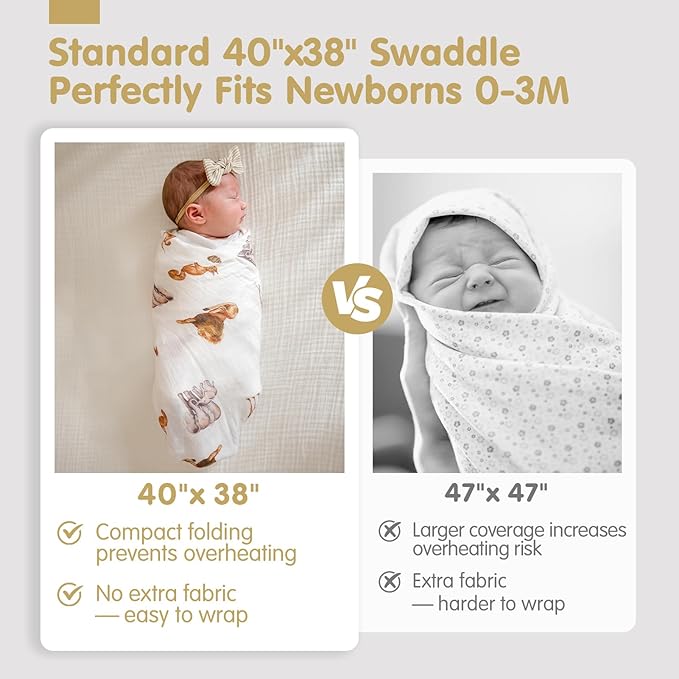 hahaland Muslin Swaddle Blankets Bamboo - 3-Pack, 1 Large (47" x 47") & 2 Standard (38" x 40") Breathable Silky Soft Receiving Blankets Swaddles for Newborns Newborn Essentials, Gold