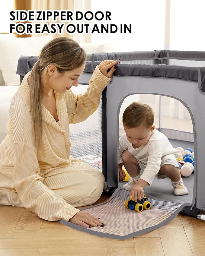 [Upgraded] dearlomum 71"x59" Baby Playpen,Extra Large Playard with Thickened Steel Pipes,Sturdy Soft Mesh Safety Fence for Toddlers(Gray)