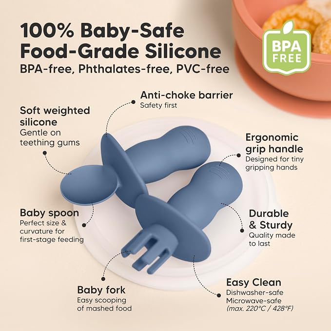 Keababies 4-Pack Silicone Baby Spoons and Forks Set and 2-Pack Baby Bowls with Suctions, Lids - Baby Spoon Self Feeding, BLW Baby Utensils - Silicone Suction Bowls for Baby Boy, Girl