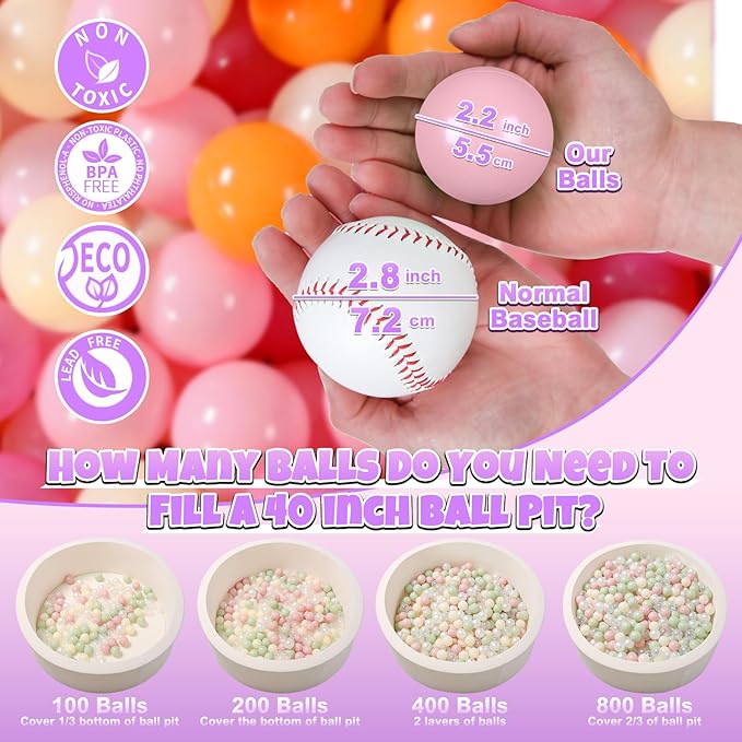 GOGOSO Ball Pit Balls for Toddler, Baby Plastic Playballs Kids Soft Pastel Pelotas Non-Toxic BPA-Free 3pink+Orange+Yellow, 200 Balls