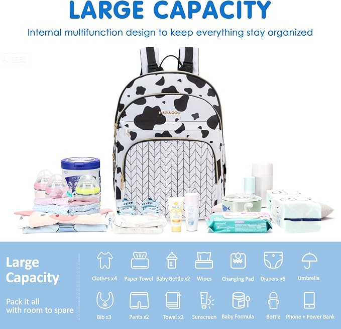 KABAQOO Baby Diaper Bag Backpack, Waterproof Diaper Backpack for Mom & Dad with Changing Pad, Insulated Pockets and Stroller Straps, Baby Shower Gifts for Girls & Boys, Cow